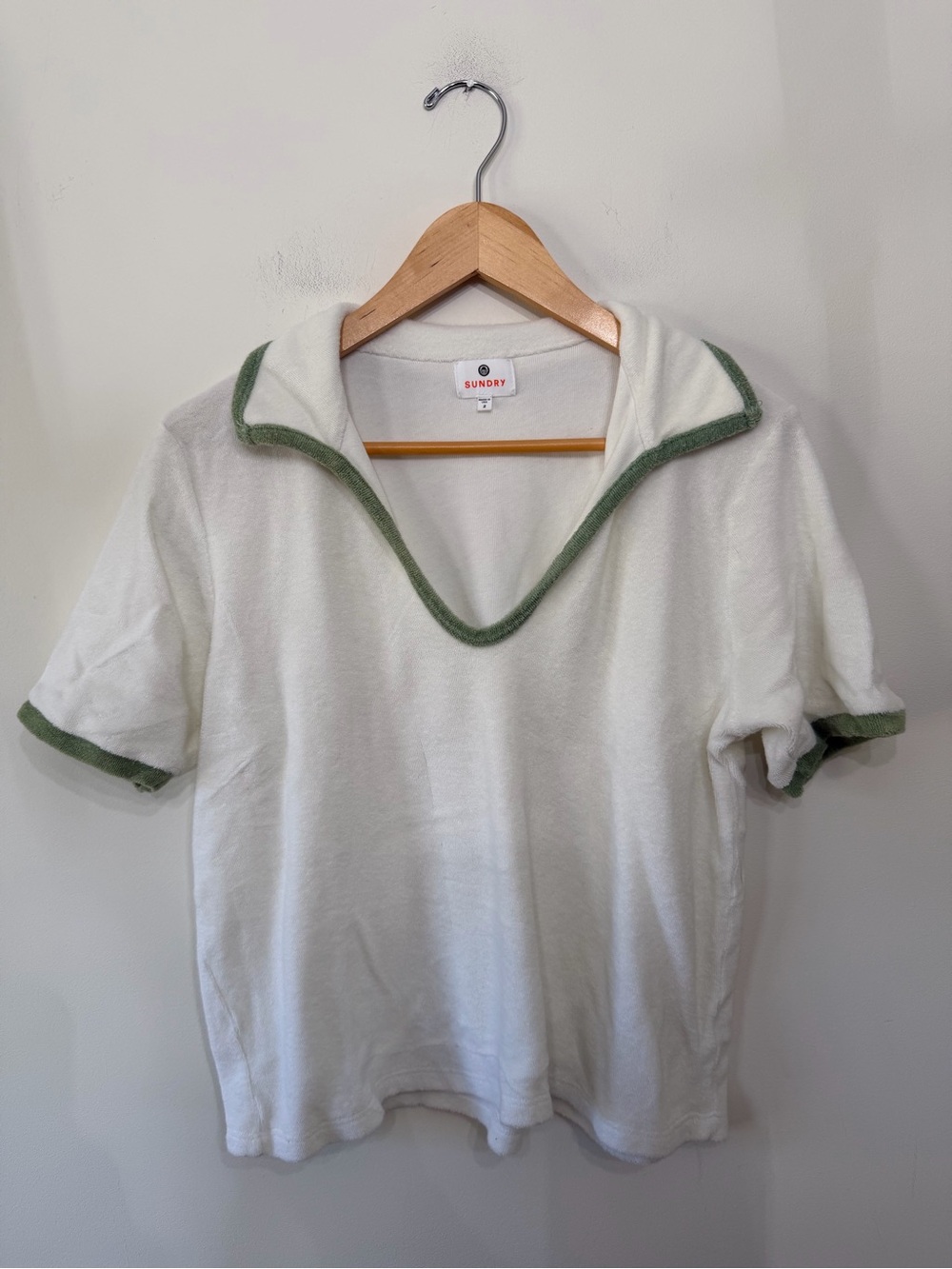 Sundry Anthro Loop Terry Polo Top Shirt Resortwear Summer White Green Women’s 2 - Picture 2 of 9